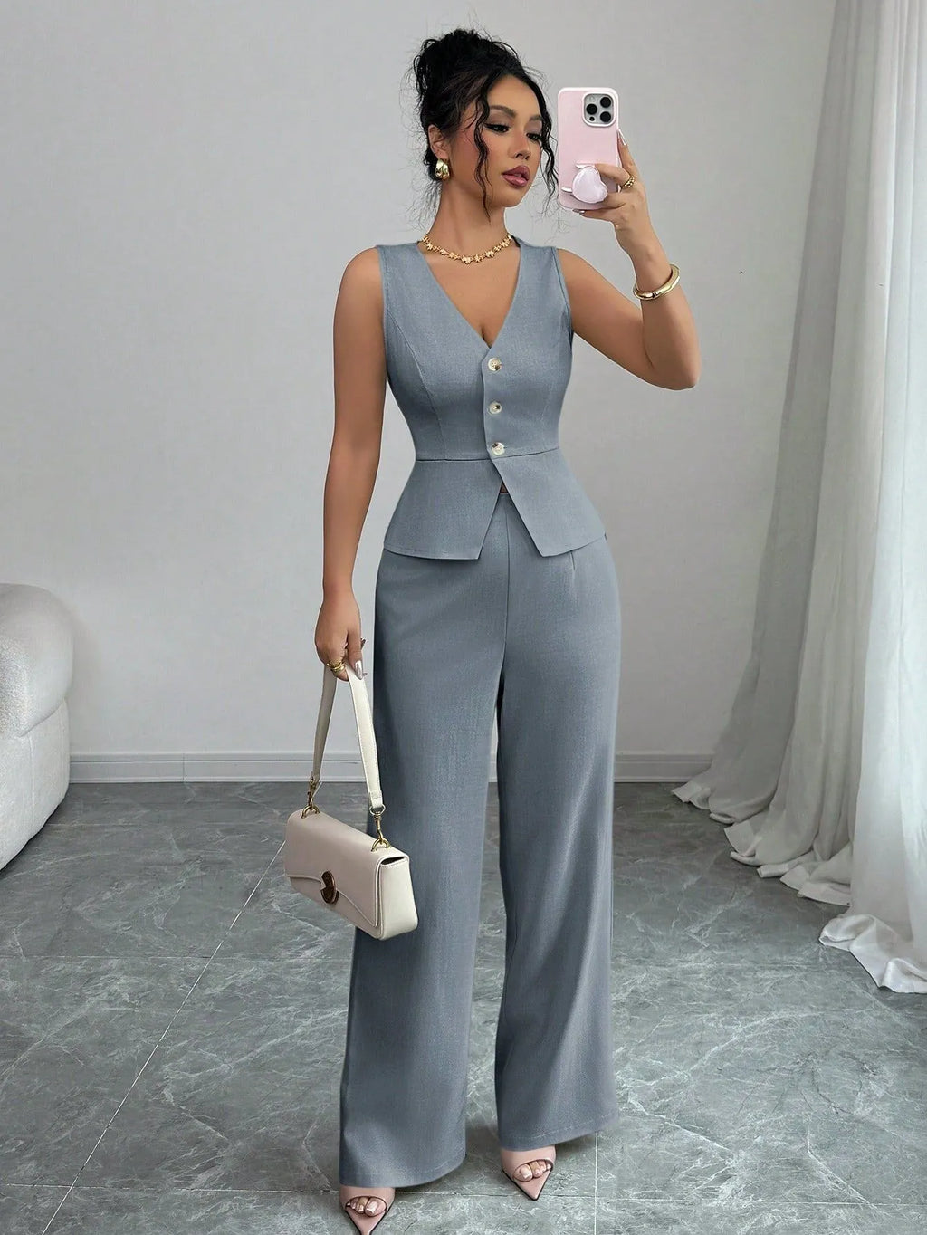 Women's solid colour sleeveless vest and high-waist trousers two-piece set in casual Japanese Korean style