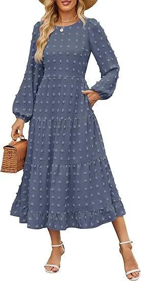 Women's beige long sleeve casual dress with ruffled sleeves and a high waist.
