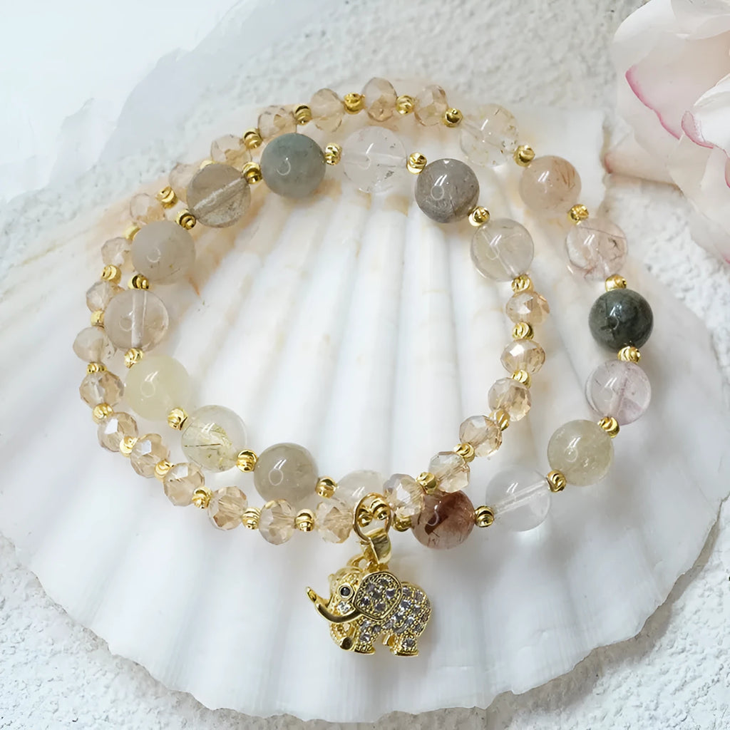 Retro women's crystal hair bracelet with 521 colour hair crystal and strawberry quartz stones