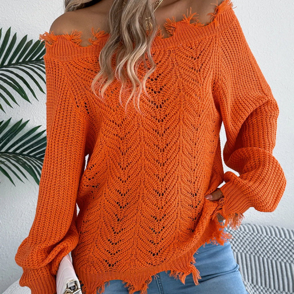 Hollow-out long-sleeved pullover sweater with off-the-shoulder neckline in black colour