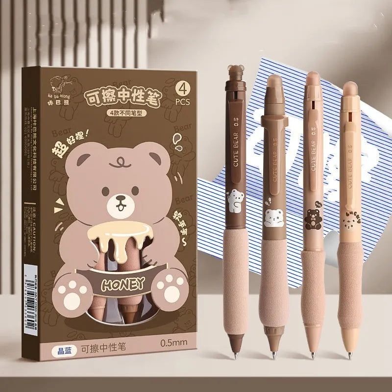 Cartoon-themed erasable gel pen with press mechanism and 0.5mm tip in black or blue.