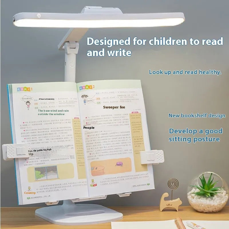 Multifunctional adjustable table lamp on a bookshelf showing three colour temperature settings and dual charging plug