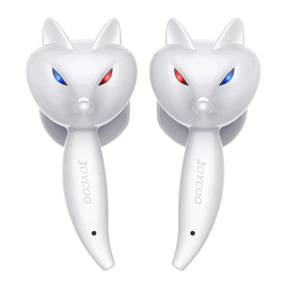 Cartoon fox Bluetooth wireless headset in red with dual earplug design and battery display