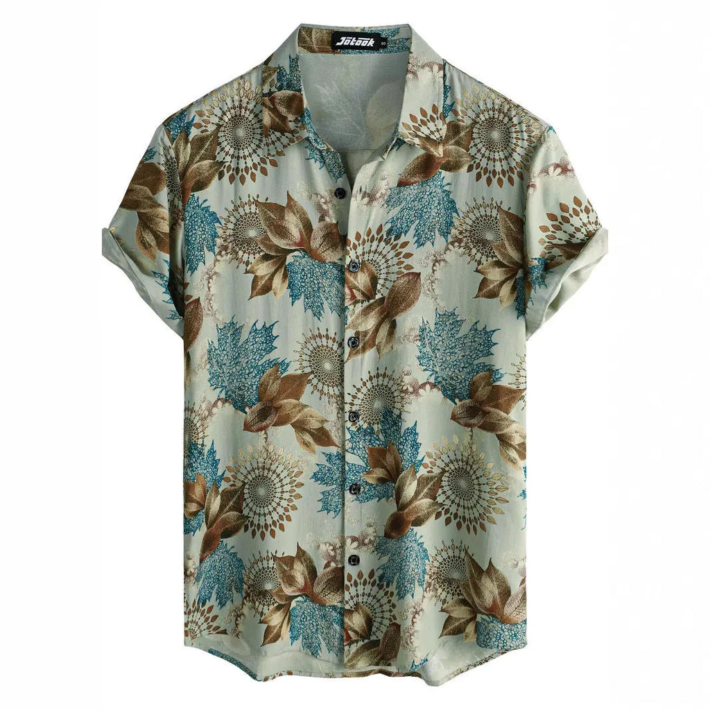 Short sleeve cardigan shirt with a Hawaiian floral pattern printed on the lapel, made from elastic polyester fabric.