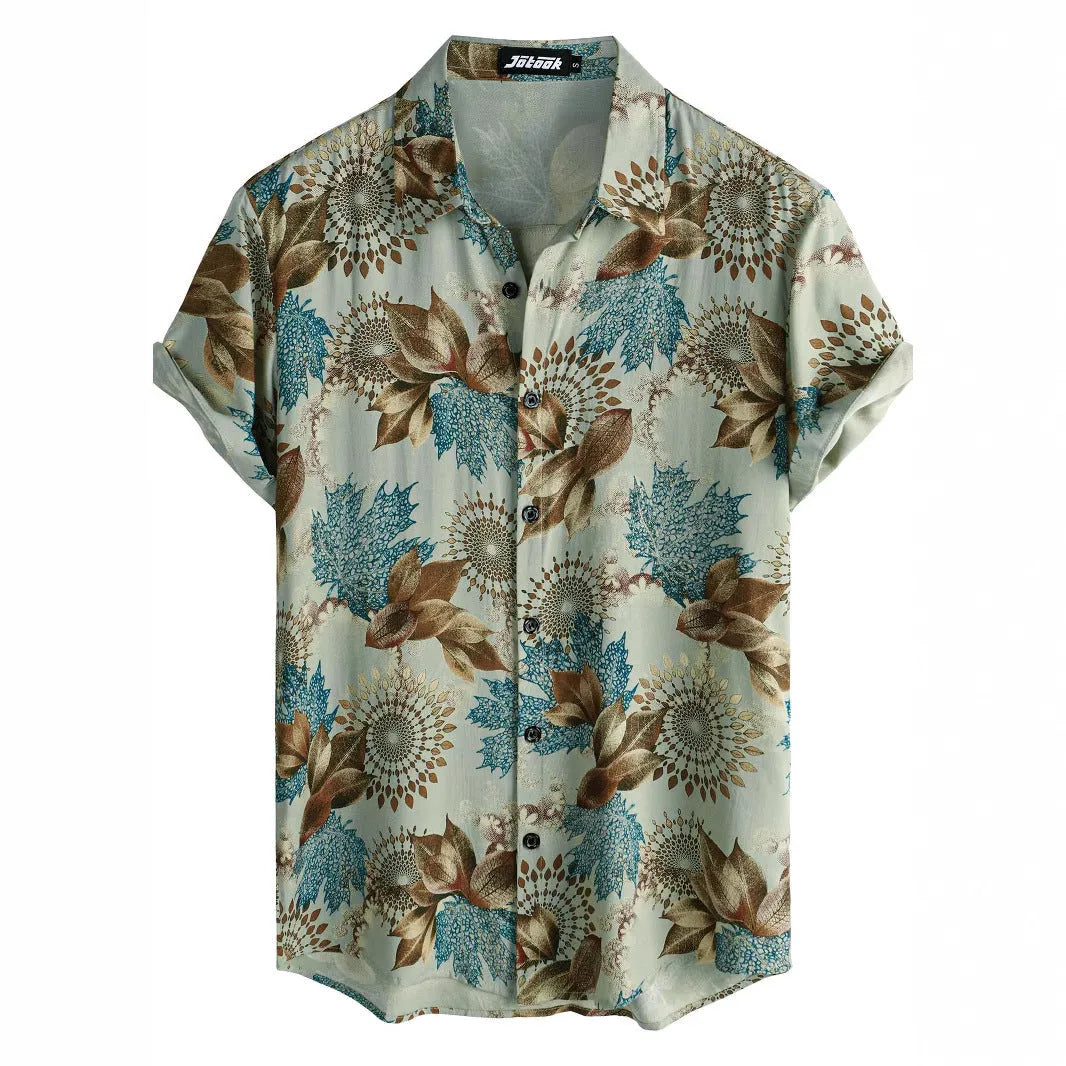 Short sleeve cardigan shirt with a Hawaiian floral pattern printed on the lapel, made from elastic polyester fabric.