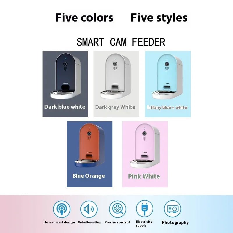 Smart automatic pet feeder with digital display in a two-tone colour option on a kitchen counter.