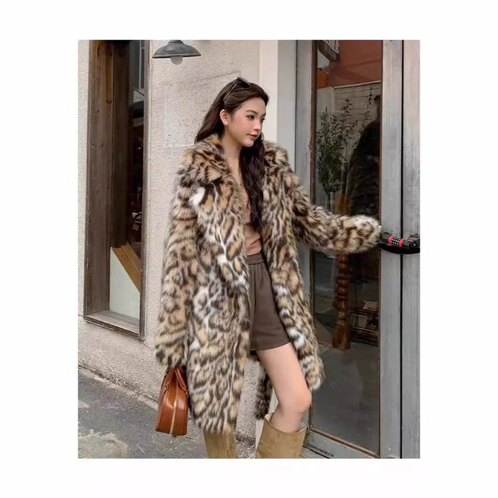 Women's mid-length faux fur coat with detachable fur collar and pockets