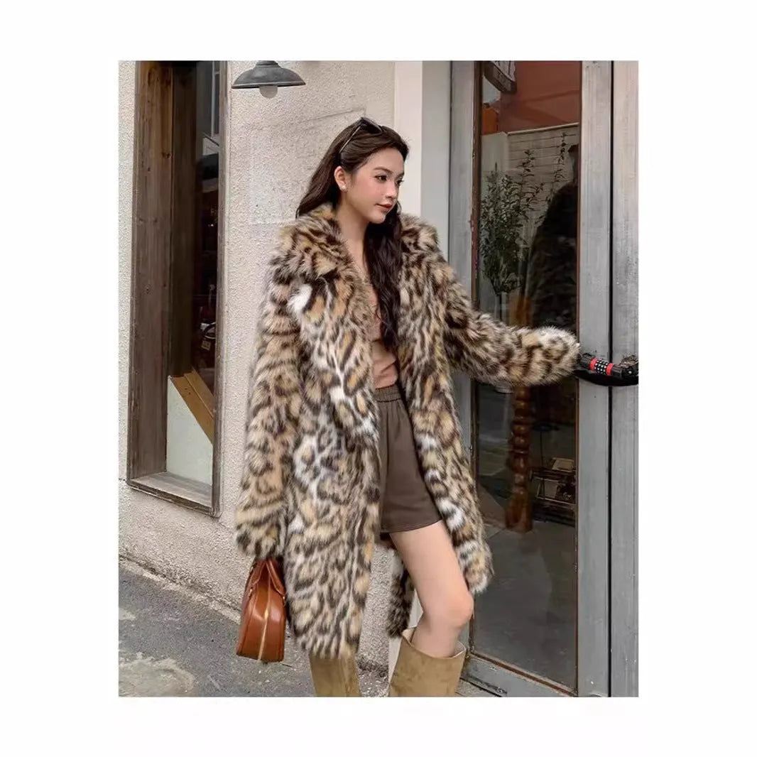 Women's mid-length faux fur coat with detachable fur collar and pockets