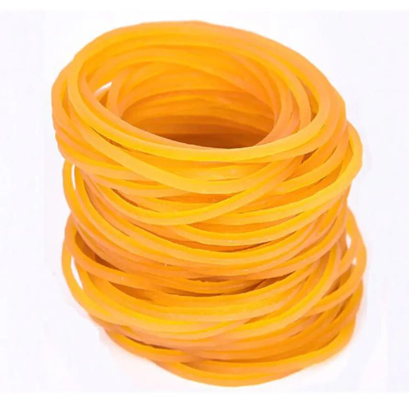 Yellow rubber bands in various sizes from a 500g mixed diameter pack
