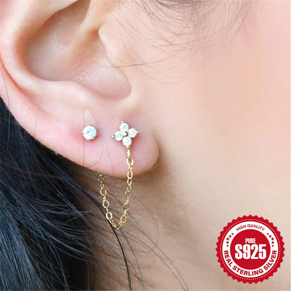 S925 sterling silver geometric ear studs with flower and tassel chain design in gold electroplated finish
