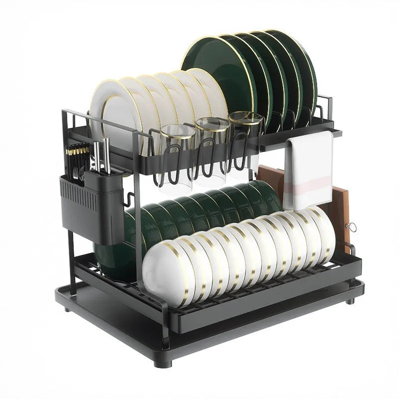 White and black double-layer kitchen storage rack with removable draining function