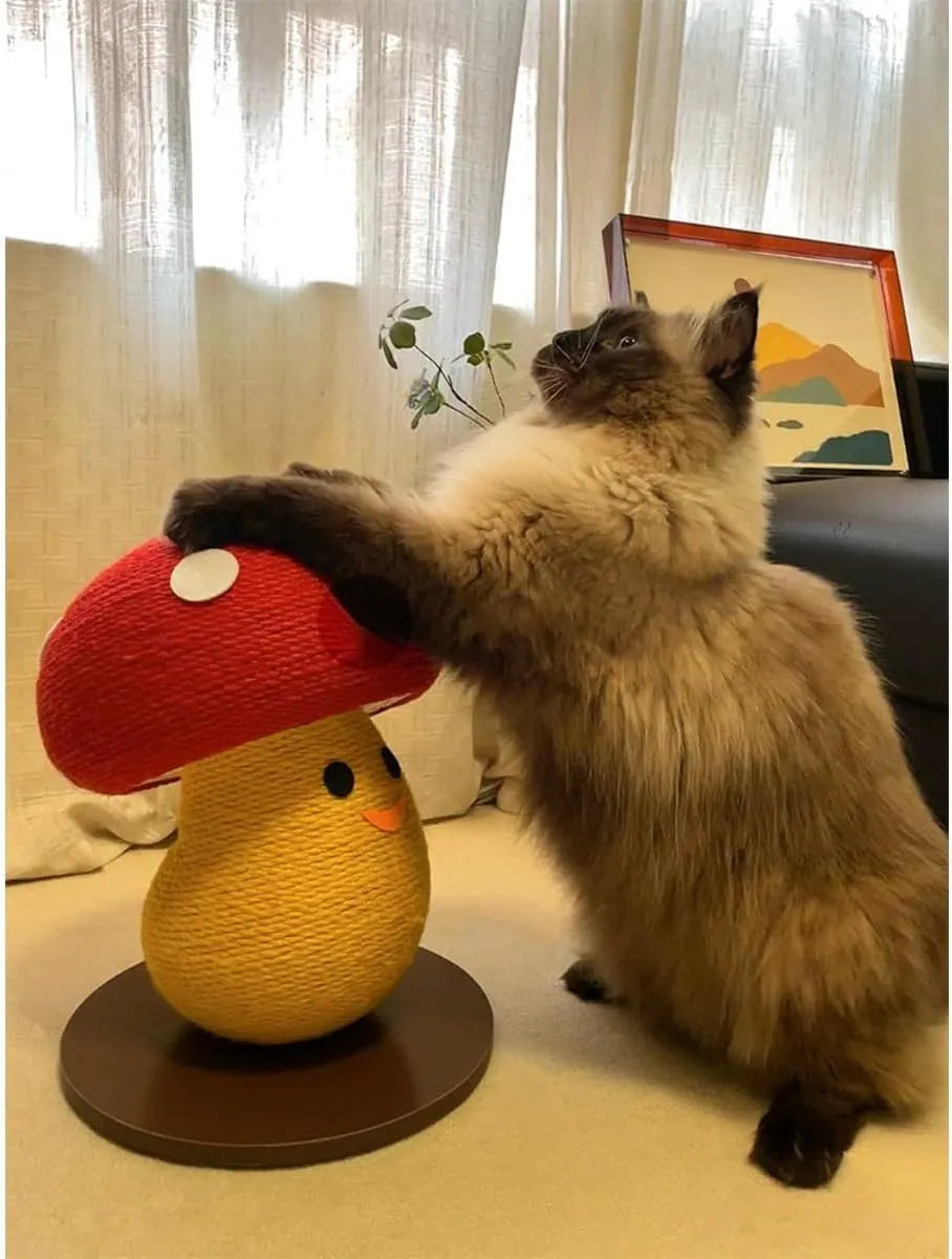 A round, mushroom-shaped foldable cat scratcher lounge board made from corrugated cardboard.