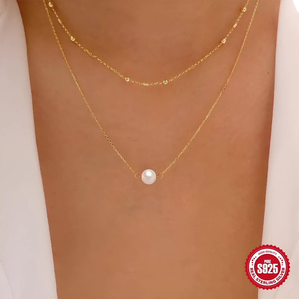 S925 sterling silver double layer pearl necklace with twin pearls and geometric design