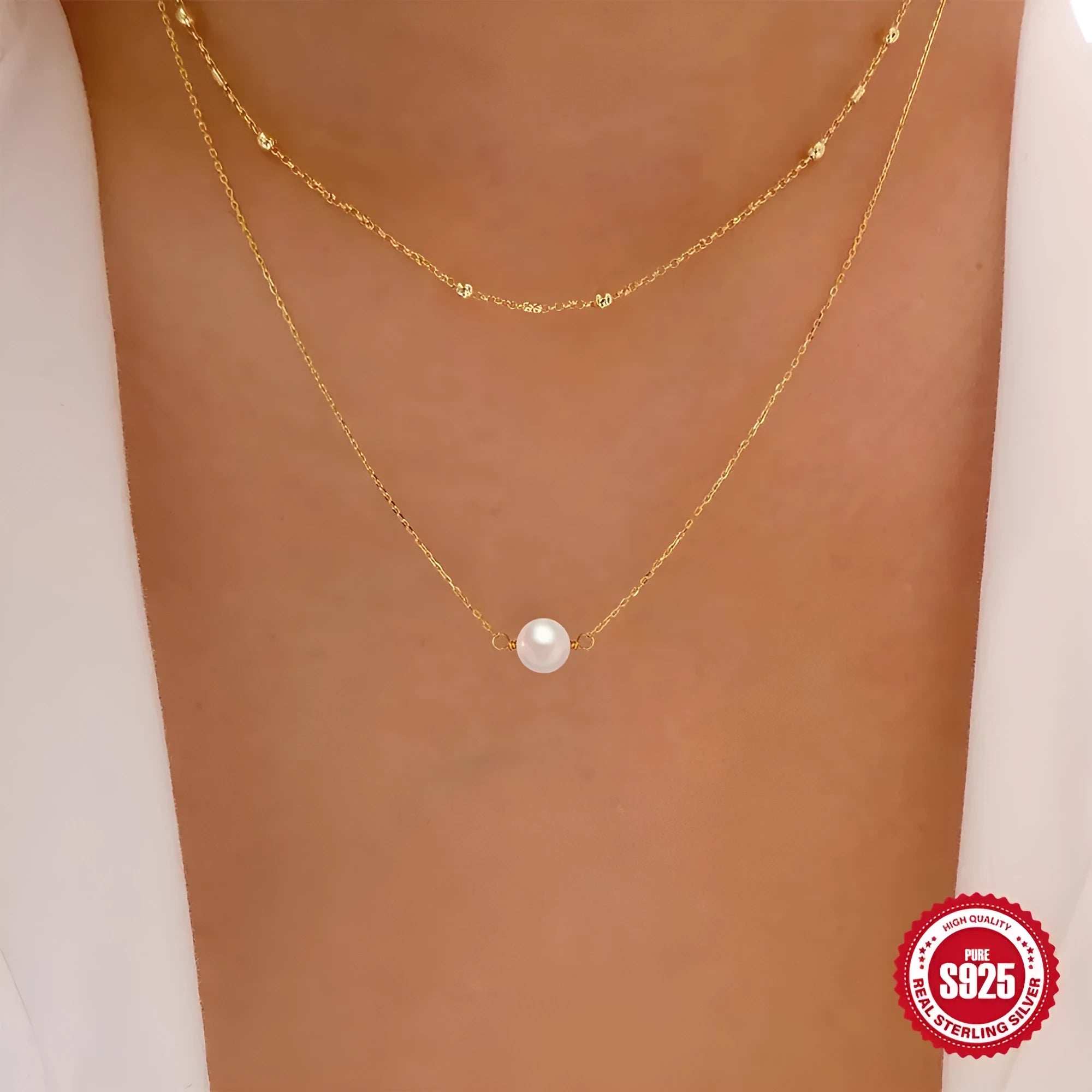 S925 sterling silver double layer pearl necklace with twin pearls and geometric design