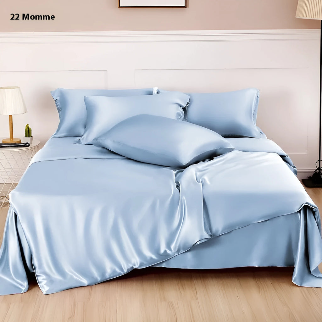 Solid colour double-sided silk duvet cover shown in bright brown, with other colour swatches for Lotus Pink, pea green, mysterious purple, white, and silver blue.