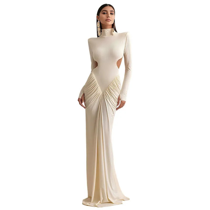 Women's backless pleated dress with high collar and long sleeves in slim fit silhouette
