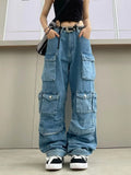 Women's high waist wide leg jeans with multiple pockets in street hipster style