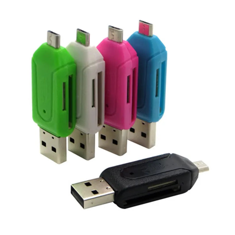 White OTG card reader with micro USB connector for Android phones and USB for computers