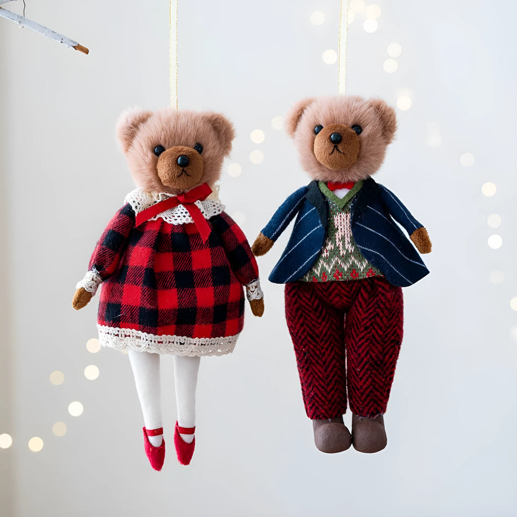 Cartoon style plush bear doll with plaid body cloth suit in Princess or Gentleman design