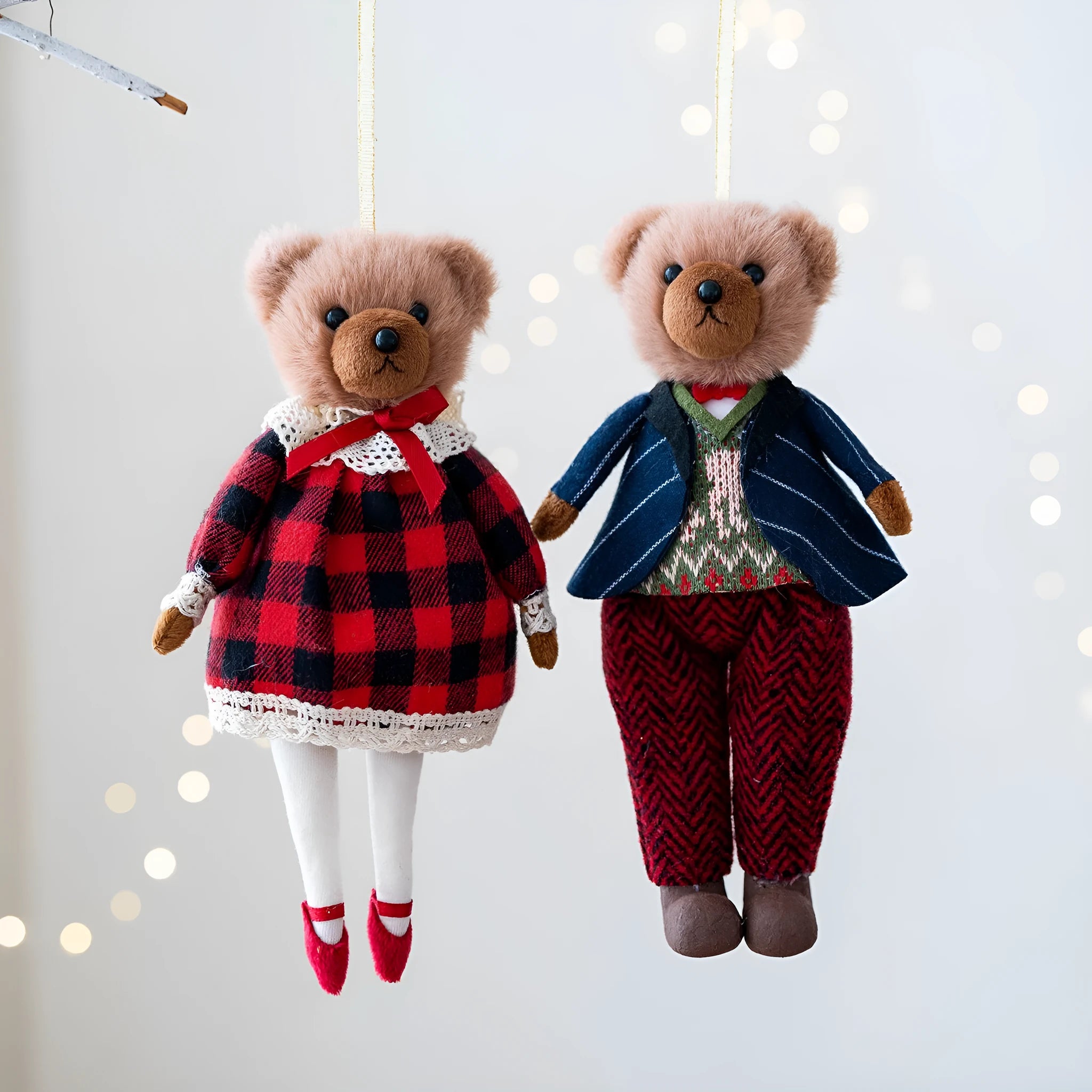 Cartoon style plush bear doll with plaid body cloth suit in Princess or Gentleman design