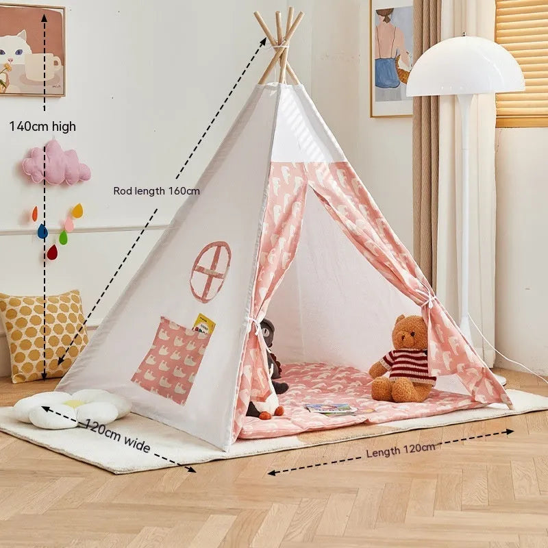 Children's indoor wood frame play tent in princess pink fur ball style with castle design for imaginative play