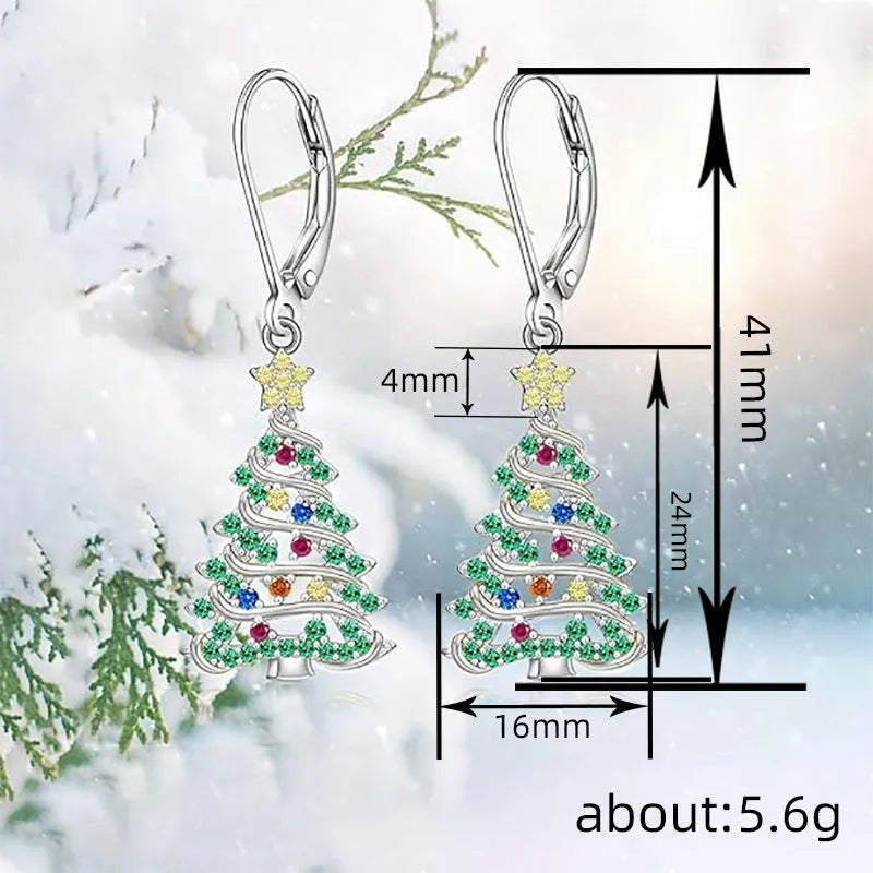 Women's Christmas tree earrings with white gold colour finish and star design elements
