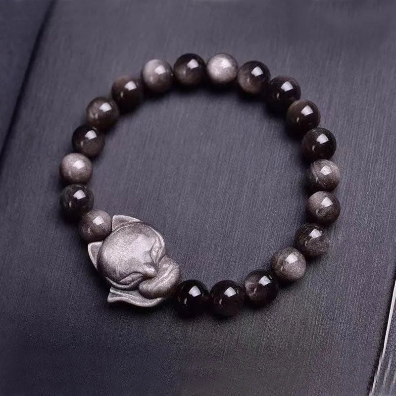 Dark obsidian fox charm bracelet with 8mm stone on silver chain