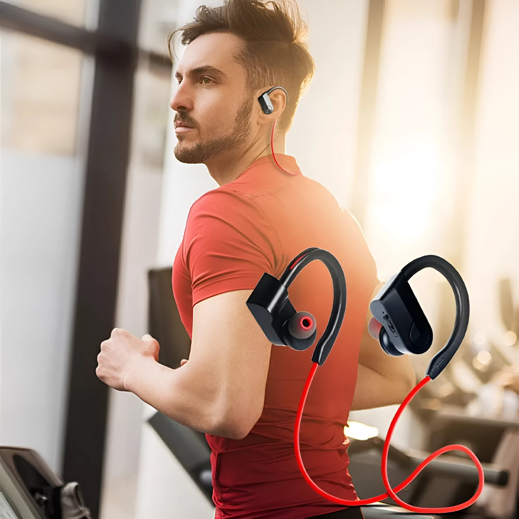 Wireless neck mounted Bluetooth earphones in black, blue, and red colour options