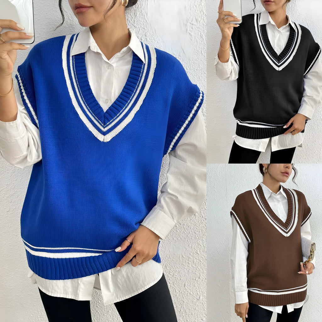 Women's college style wool vest sweater in loose-fitting free size available in blue, coffee and black colours