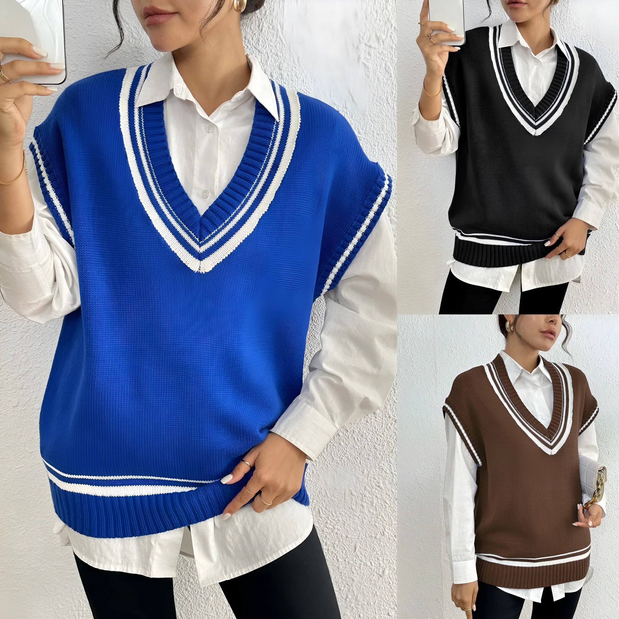 Women's college style wool vest sweater in loose-fitting free size available in blue, coffee and black colours