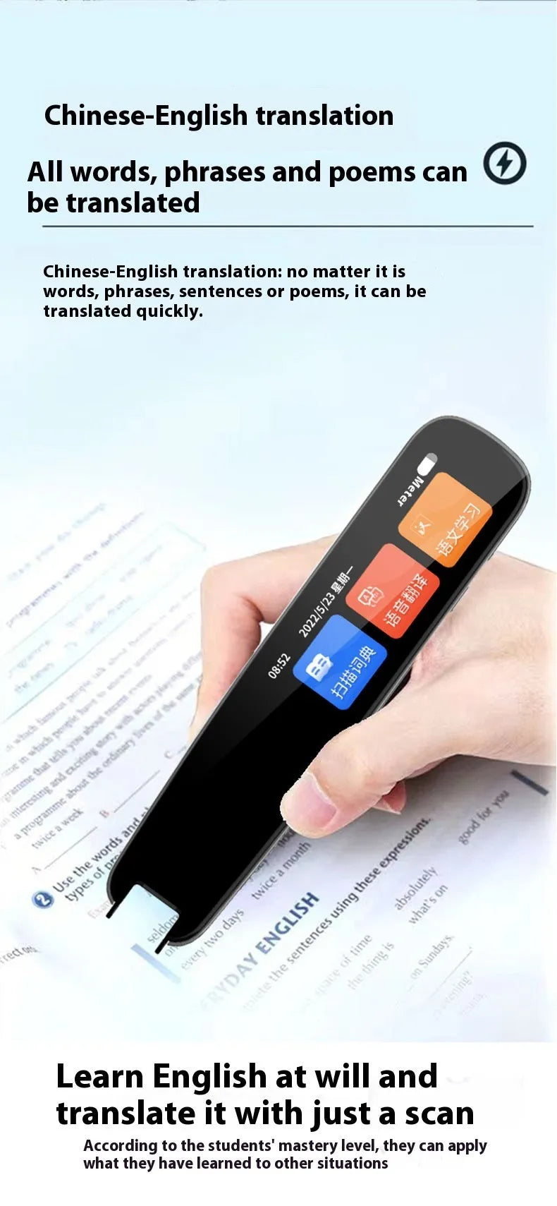 Dark grey or white talking pen for offline text scanning translation measuring 138mm by 30mm by 112mm