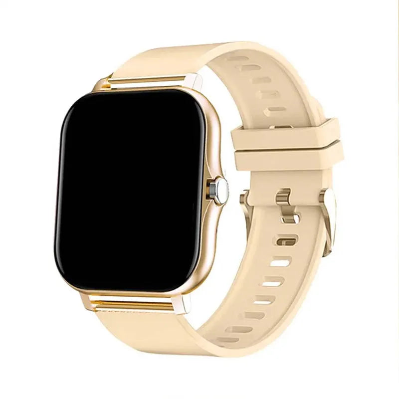 Smart watch with colour touchscreen on a silicone strap, showing a call interface and health metrics.