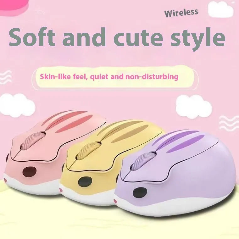 Hamster Wireless Mute Mouse in grey, pink, or yellow colour showing compact design next to USB receiver.