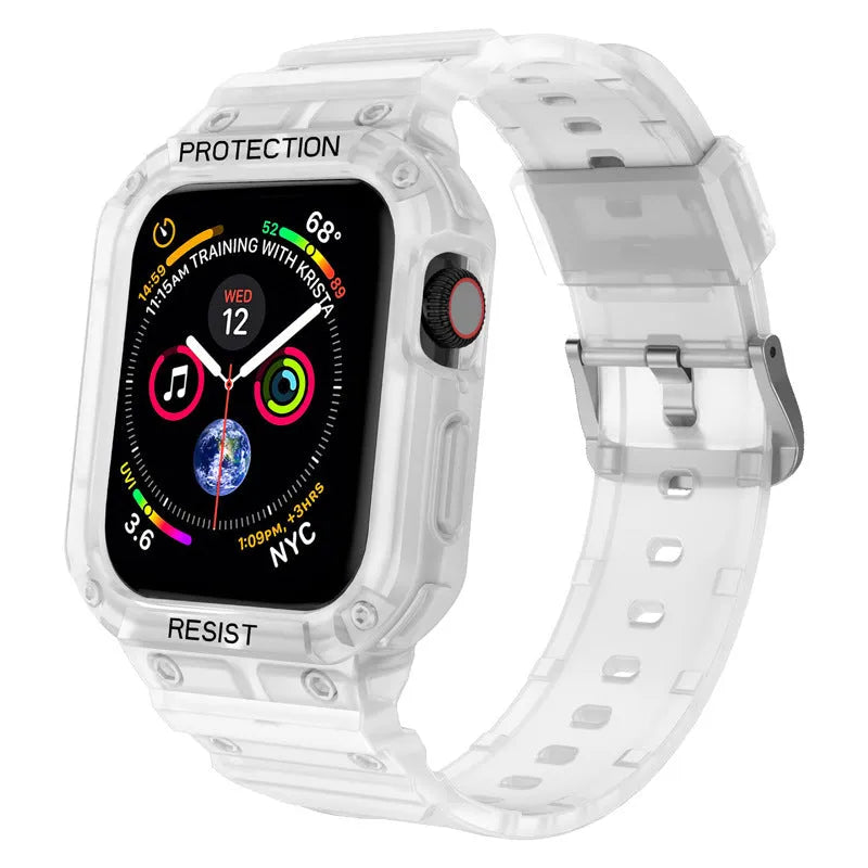 Soft TPU Apple Watch sport strap in multiple colours on a white background, showing 38mm and 42mm size options.
