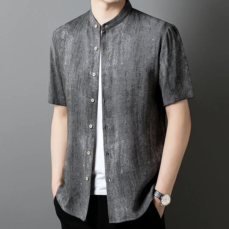 Men's loose fit linen-style shirt with stand collar in viscose blend fabric
