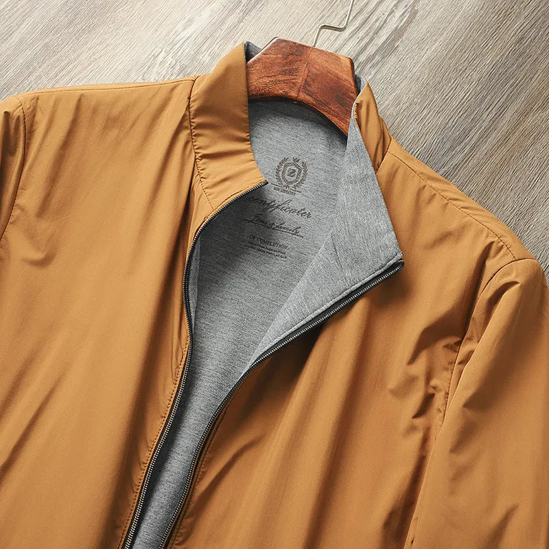 Men's stand collar casual jacket in Army Green, showing simple design and regular fit.
