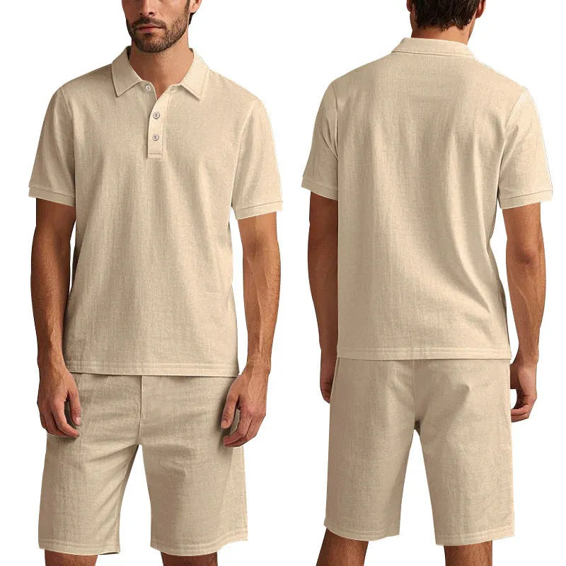 Men's light grey linen shorts suit with short sleeve shirt and matching shorts
