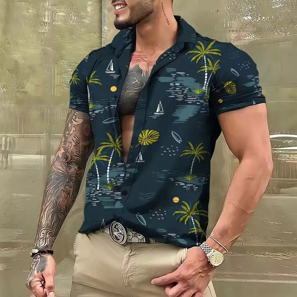 Men's loose fit floral printed beach shirt cardigan with short sleeves for summer wear