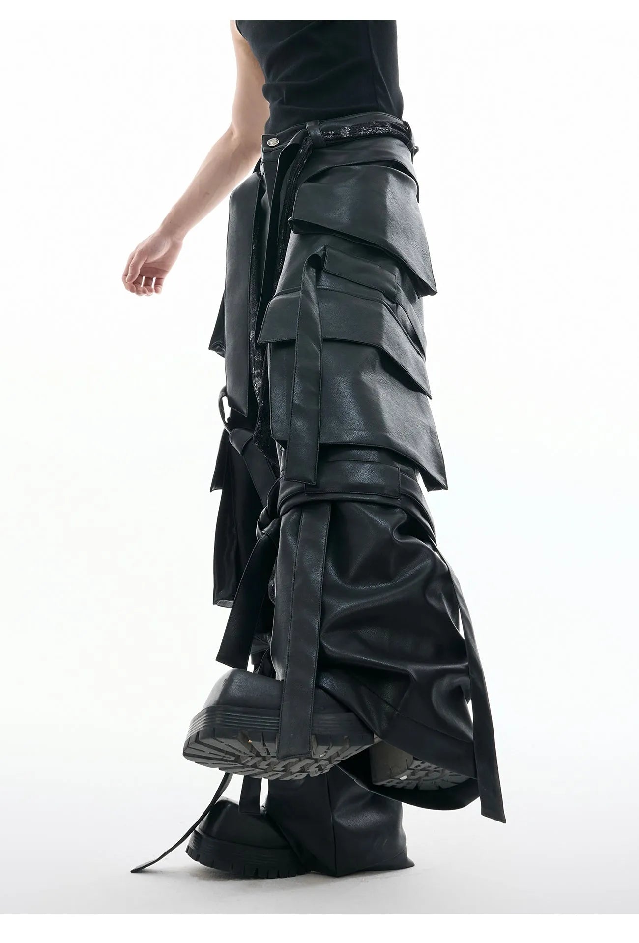 Black loose fit retro trousers with quilted stitching detail and multiple pockets