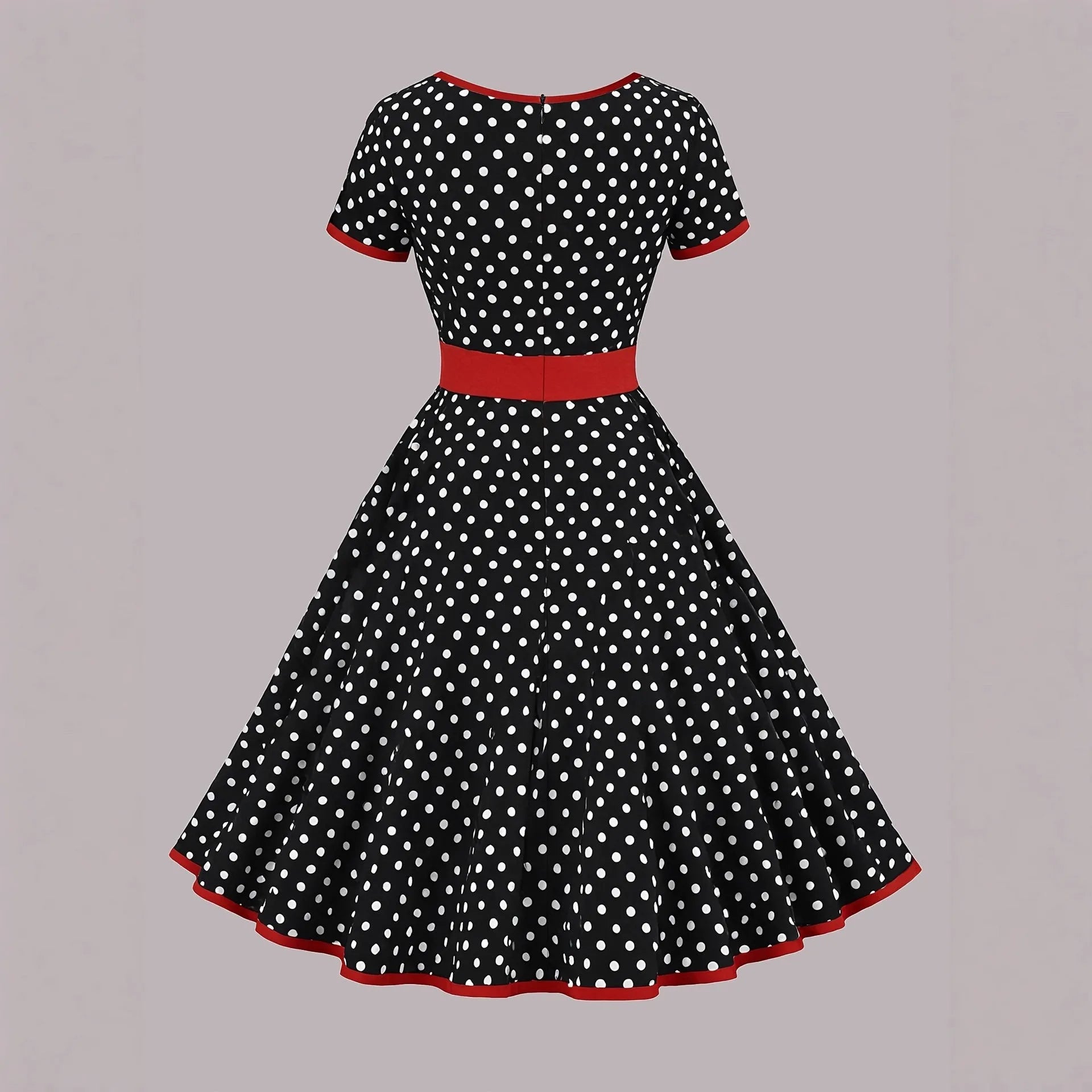 Square collar polka dot dress with pleated skirt and zip front closure in multicolour pattern
