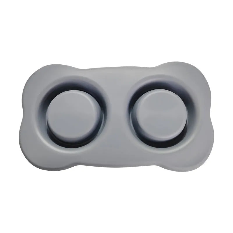 Large double dog bowl silicone feeding mat with stainless steel bowls in blue colour
