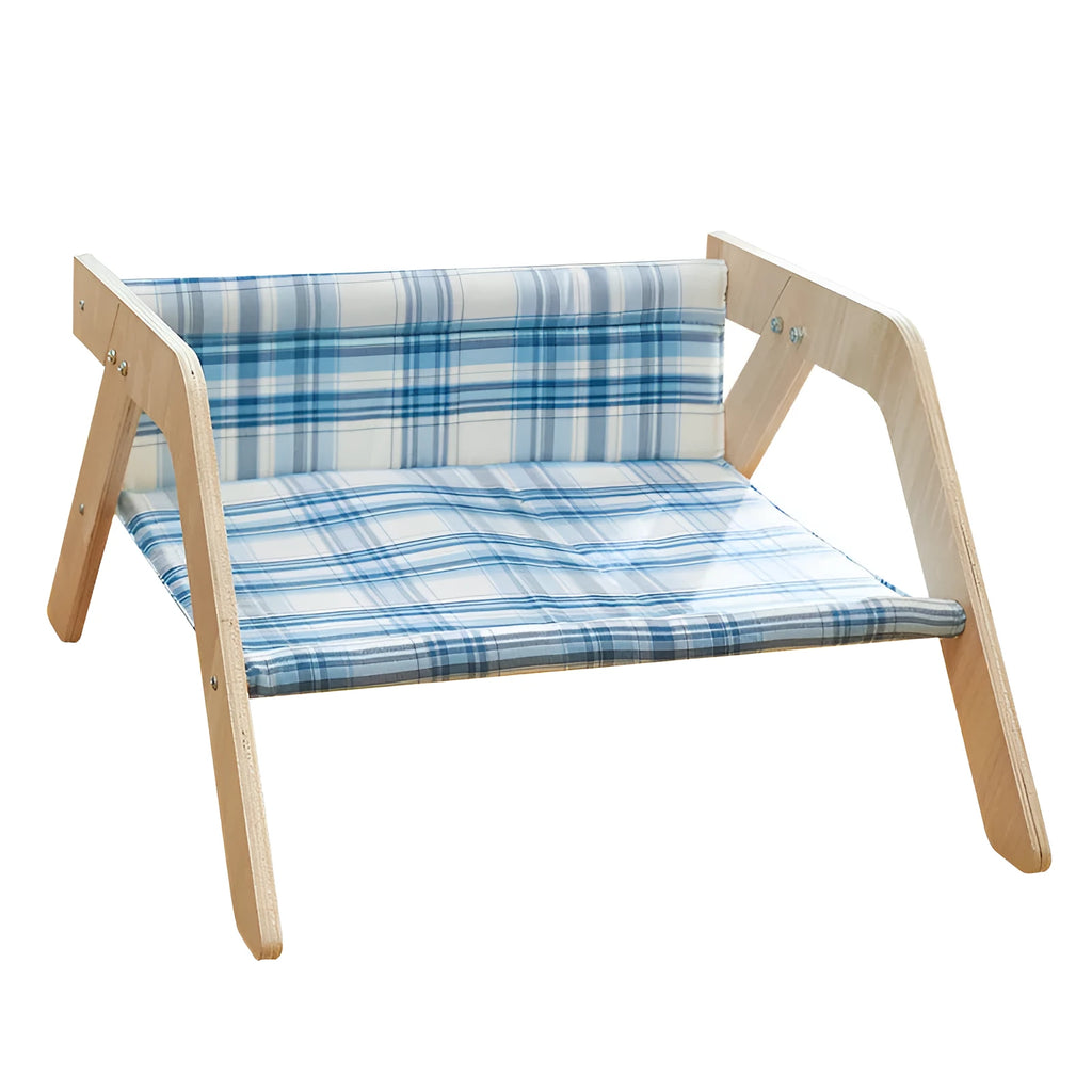 Wooden cat hammock bed with elevated design and cloth sleeping surface in blue colour
