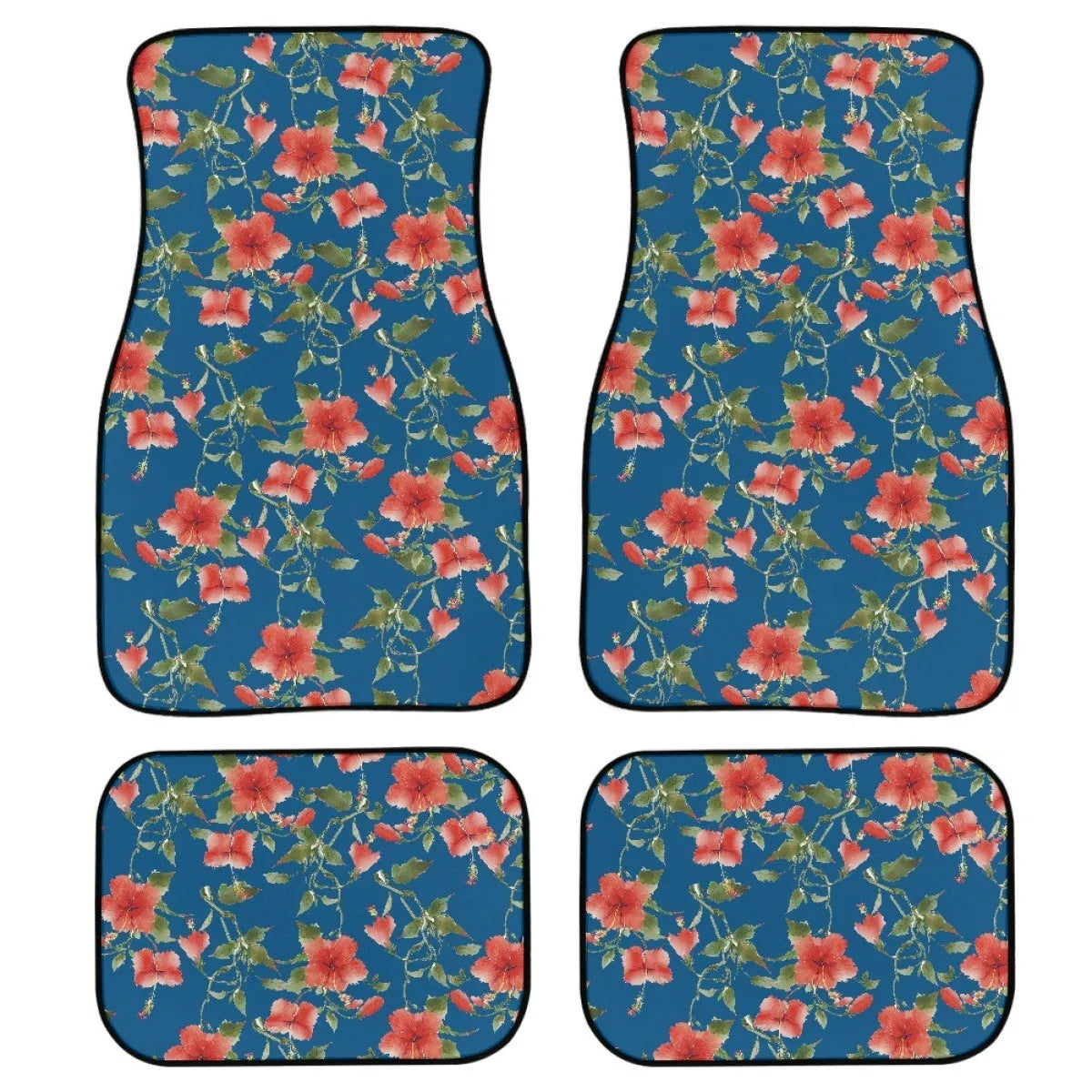 Black rubber car floor mat set, four pieces showing textured surface and 20mm thick edge.