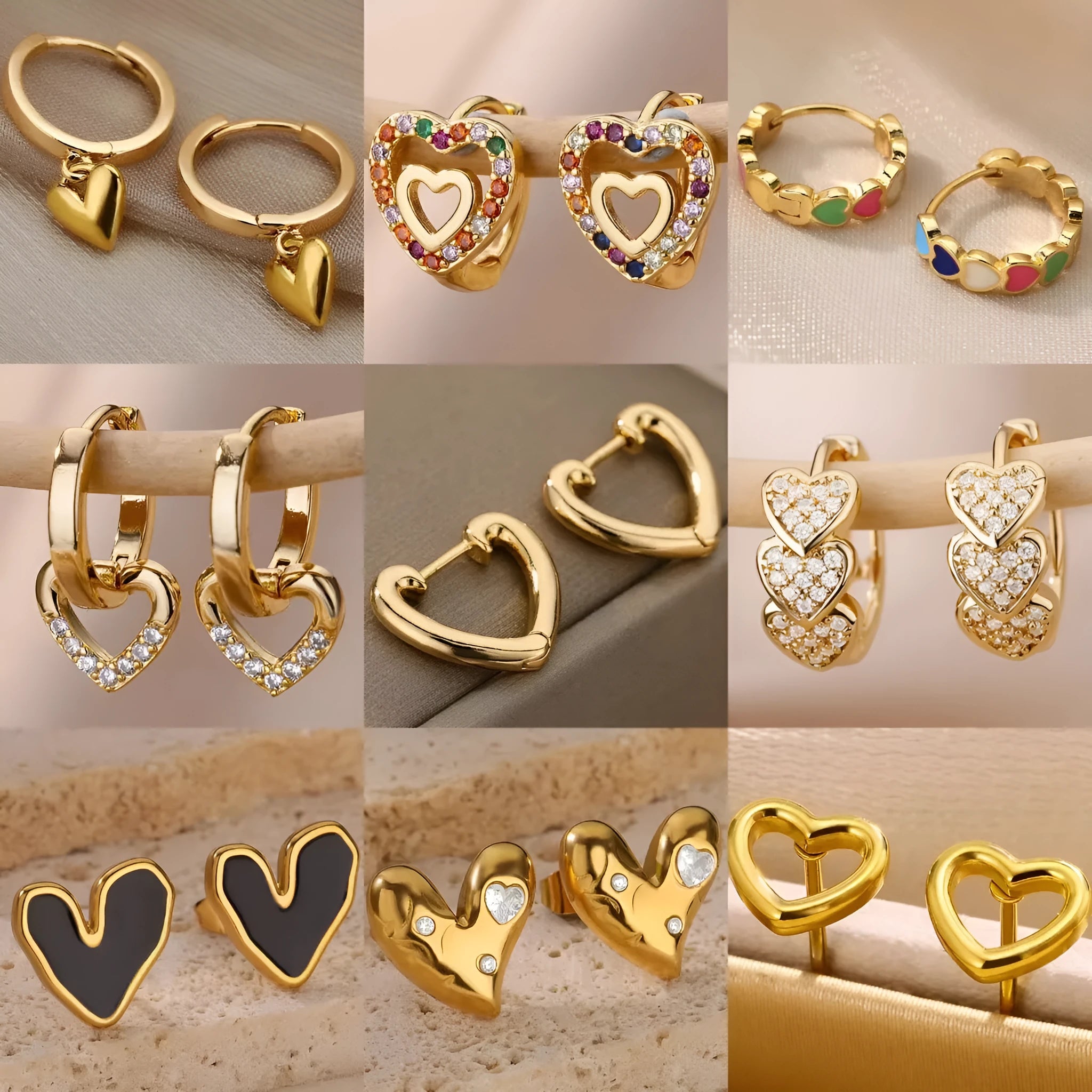 A pair of gold-coloured heart-shaped stud earrings for women on a white background.