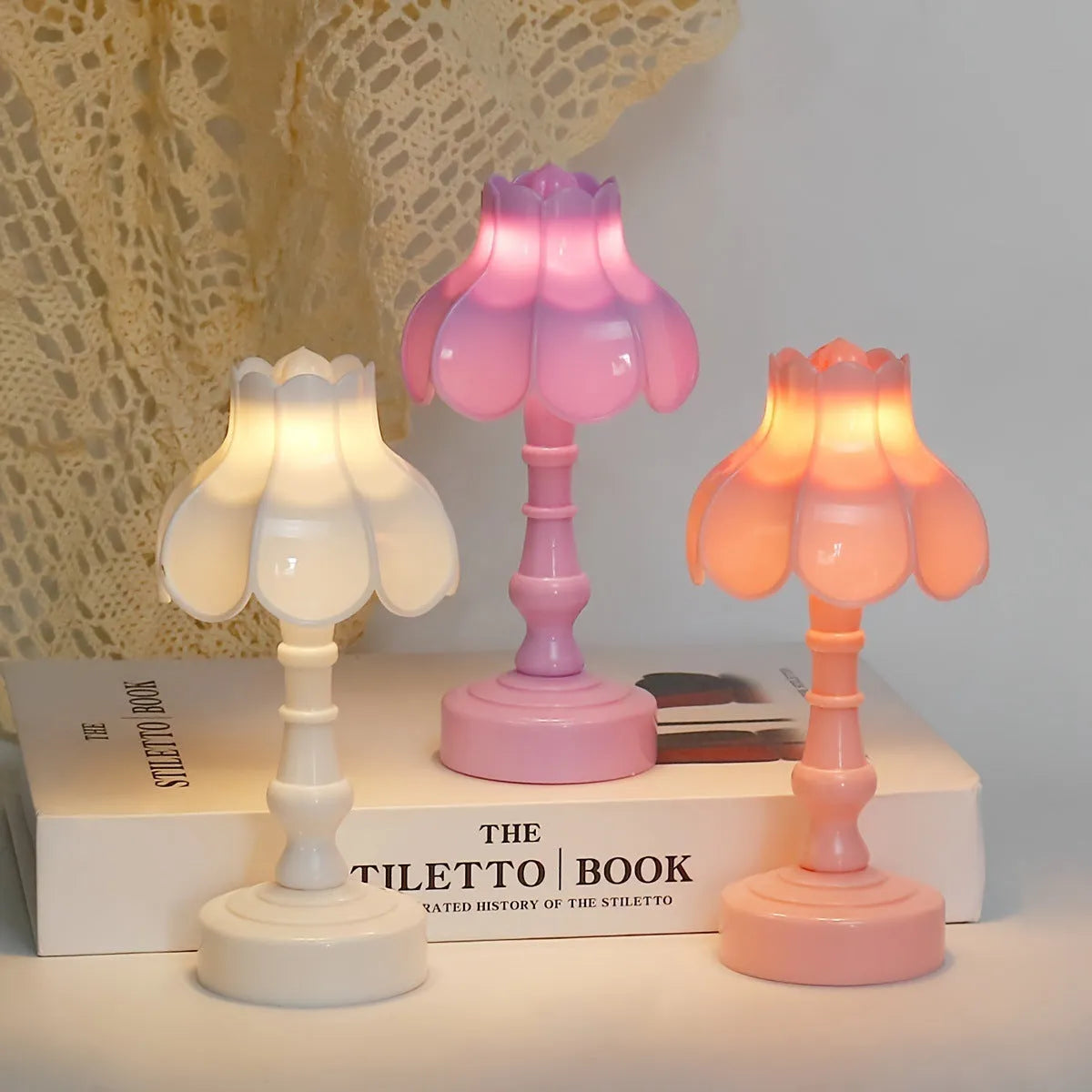 Retro pagoda small night lamp with geometric stereo design in light purple colour