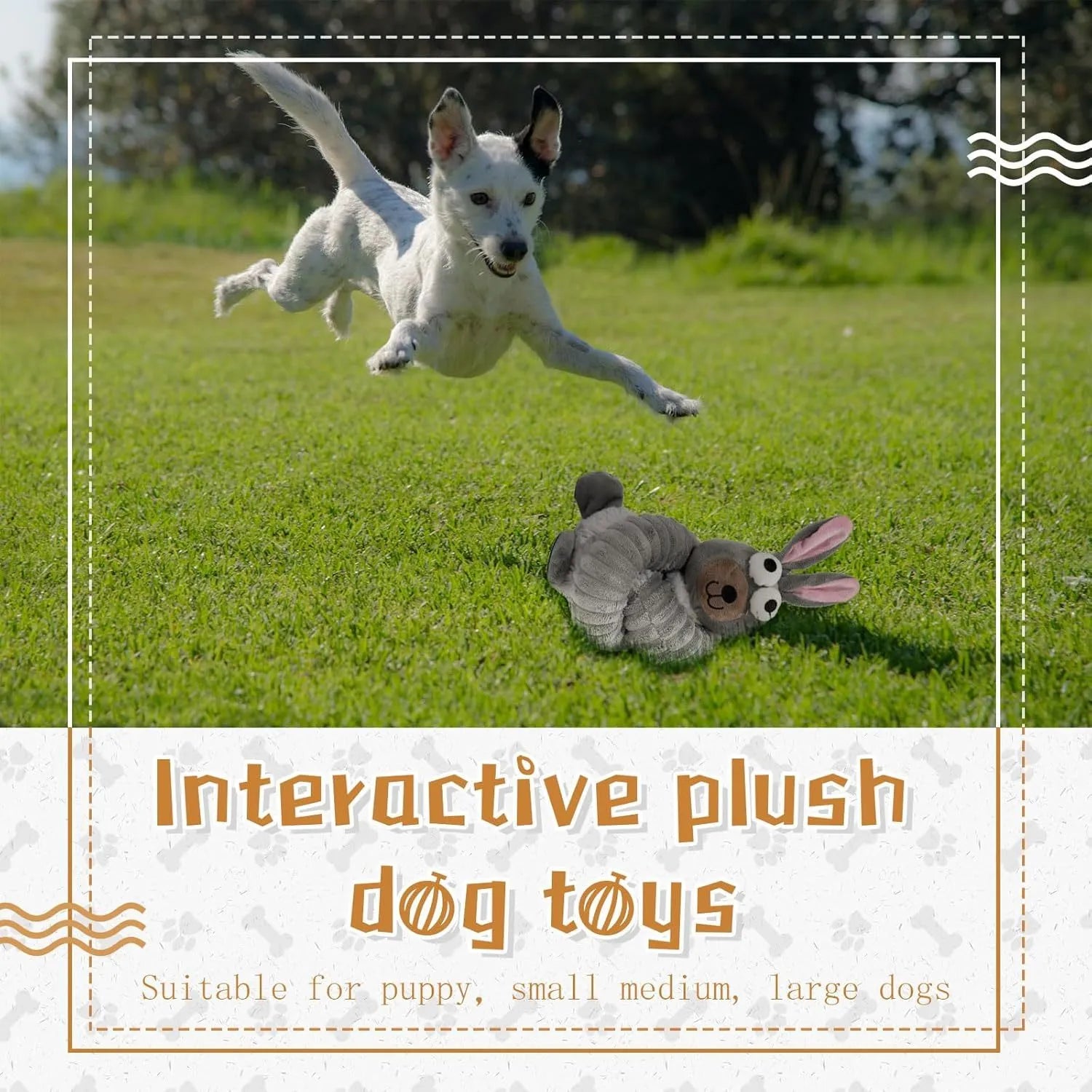 Brown, grey, and yellow plush squeaky dog toys with crinkle material for chewing.