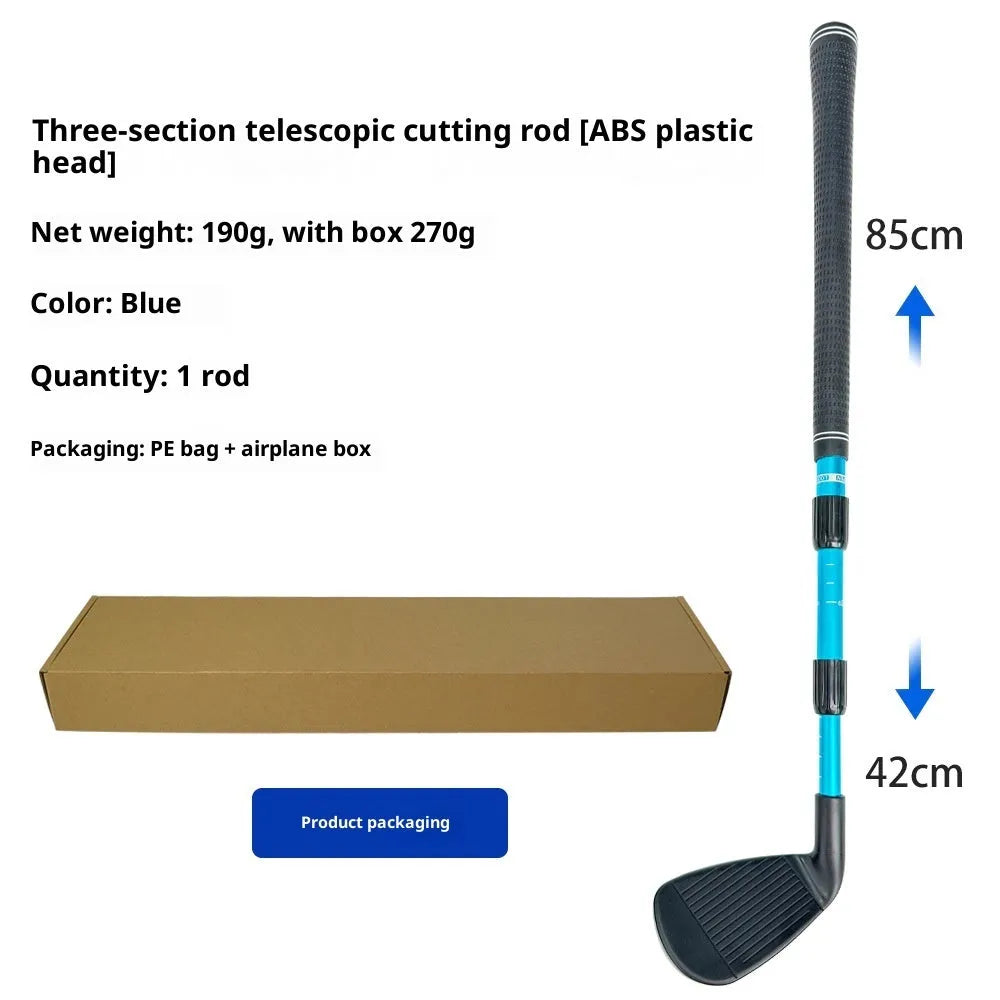Golf three-section telescopic cutting rod with black rod body and black grip extending to 85 cm for indoor or outdoor practice