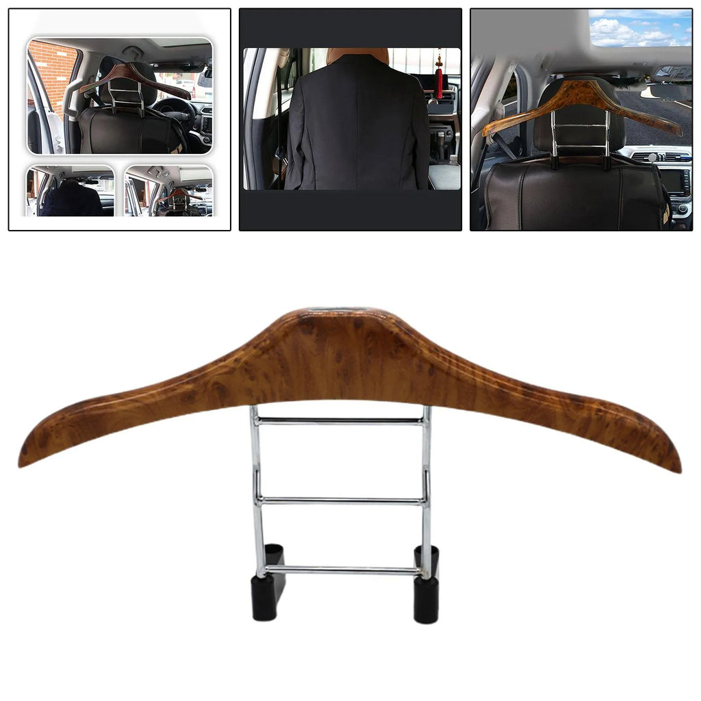Wood yellow stainless steel car clothes hanger with detachable hook on white background.