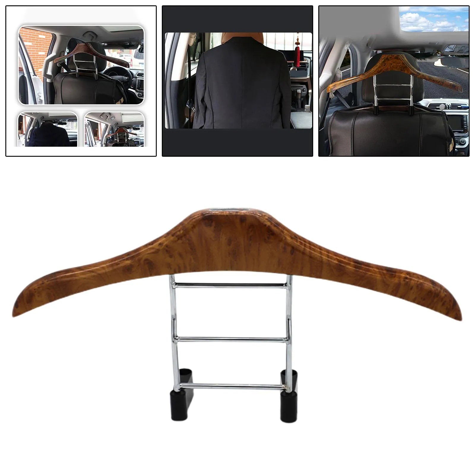 Wood yellow stainless steel car clothes hanger with detachable hook on white background.