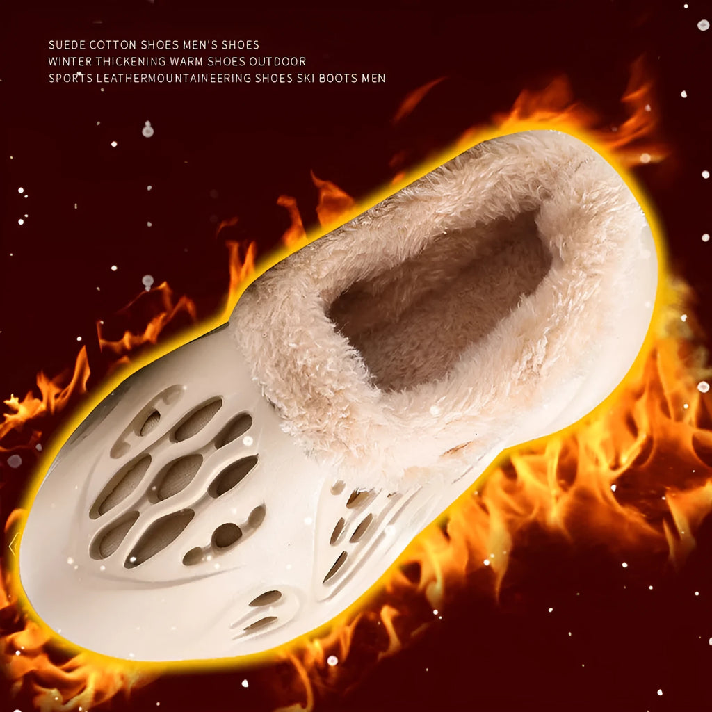Unisex EVA hole slip slippers in apricot with removable warm plush cover on a light background